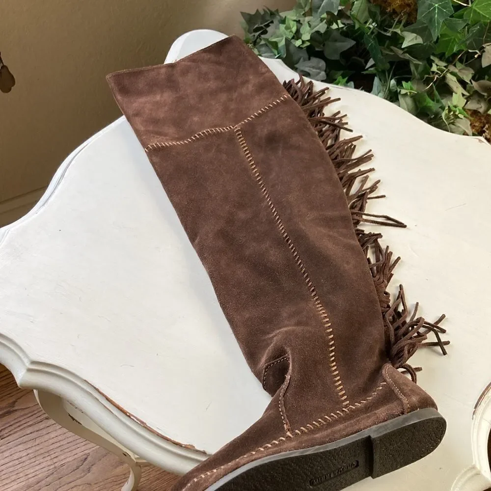 New Minnetonka Tall Leather Suede Brown Fringe Tall Moccasin Boots Size 5
